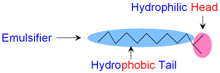 Emulsifier showing Hydrophobic Head and Hydrophilic Tail